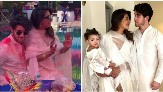 Priyanka Chopra sits on Nick Jonas’ lap as they celebrate Holi with daughter Malti at pool party in Noida. See pics