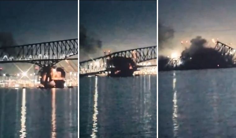 Shocking video captures the moment Baltimore bridge collapses after struck by container ship