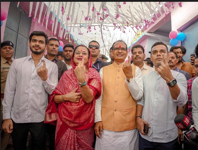 Former Chief Minister Shivraj Singh Chouhan casts his vote along with his family at his home village Jait
