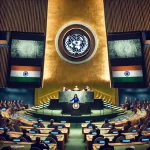 An image capturing the essence of India's bold diplomatic stance at the UNGA. The scene shows a confident Indian diplomat, Bhavika Mangalanandan, stan ITDC News