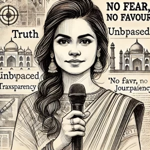 A-sketch-art-of-a-confident-Indian-female-journalist-holding-a-microphone-representing-No-Fear-No-Favour-journalism-for-ITDC-News.-The-sketch-feat