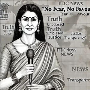 A-sketch-art-of-a-confident-Indian-female-journalist-holding-a-microphone-representing-No-Fear-No-Favour-journalism-for-ITDC-News.-The-sketch-feat