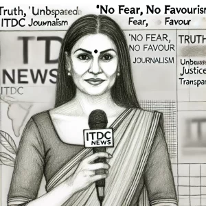 A-sketch-art-of-a-confident-Indian-female-journalist-holding-a-microphone-representing-No-Fear-No-Favour-journalism-for-ITDC-News.-The-sketch-feat