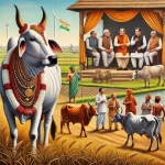 ITDC-News-1A-scene-depicting-Desi-cows-with-cultural-and-political-significance.-The-cows-adorned-with-traditional-decorations-are-shown-in-an-Indian-rural-set