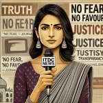 A-sketch-art-of-a-confident-Indian-female-journalist-holding-a-microphone-representing-No-Fear-No-Favour-journalism-for-ITDC-News.-The-sketch-feat