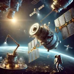 ITDC-News-hindi-A-brighter-futuristic-scene-depicting-ISROs-Chandrayaan-4-spacecraft-being-assembled-in-space-orbiting-around-Earth.-The-spacecraft-is-modular-with