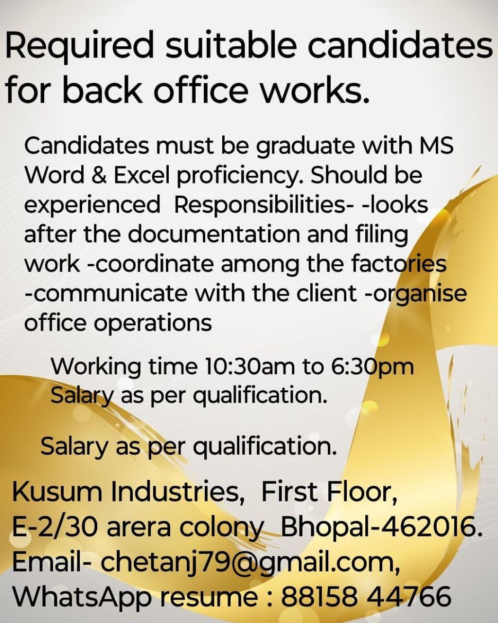 Back Office Job Opportunity at Kusum Industries in Bhopal