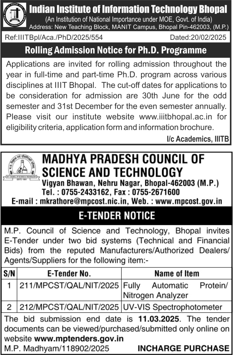 Rolling Admission Notice for Ph.D. Programm at IIIT B