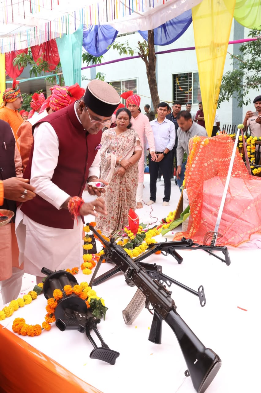 Minister Vishvas Sarang performs weapon worship in Bhopal on Vijayadashami